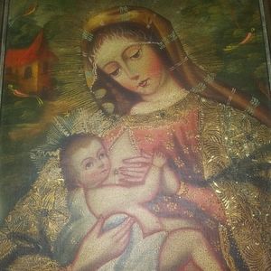 Antique Madonna and Child Christ/Cuzco school?On Linen /Original painting /10in
